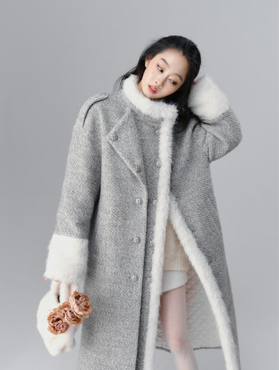 Icelandic Silver Snow Gray Fur Collar Woolen Long Coat SAL0093