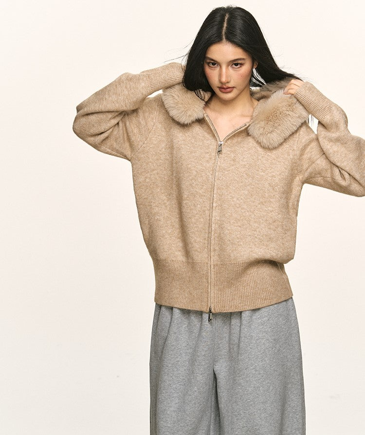 Double Zipper Large Fur Collar Knit Cardigan ANA0094