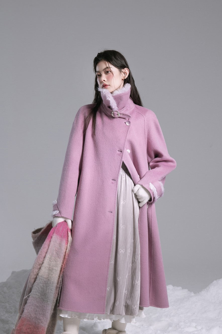 Midnight Plum Purple Furry Stand Collar Silk Double-faced Tweed Coat COT0182