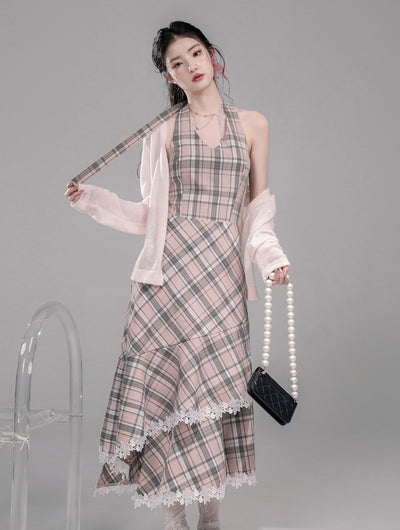 Cherry Pink Plaid Halter Neck Dress COT0341
