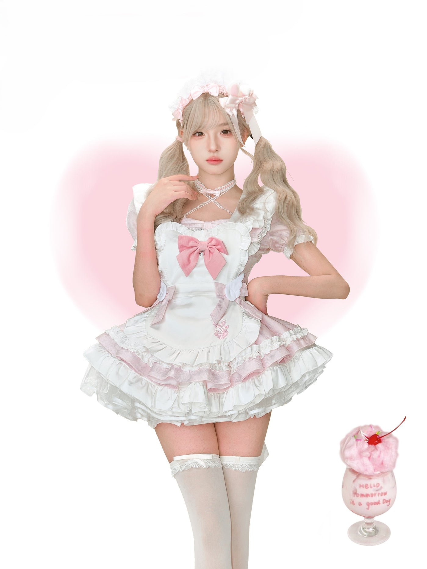 Bunny Pink Jacquard Dress/Bow Apron/Skirt SER0151