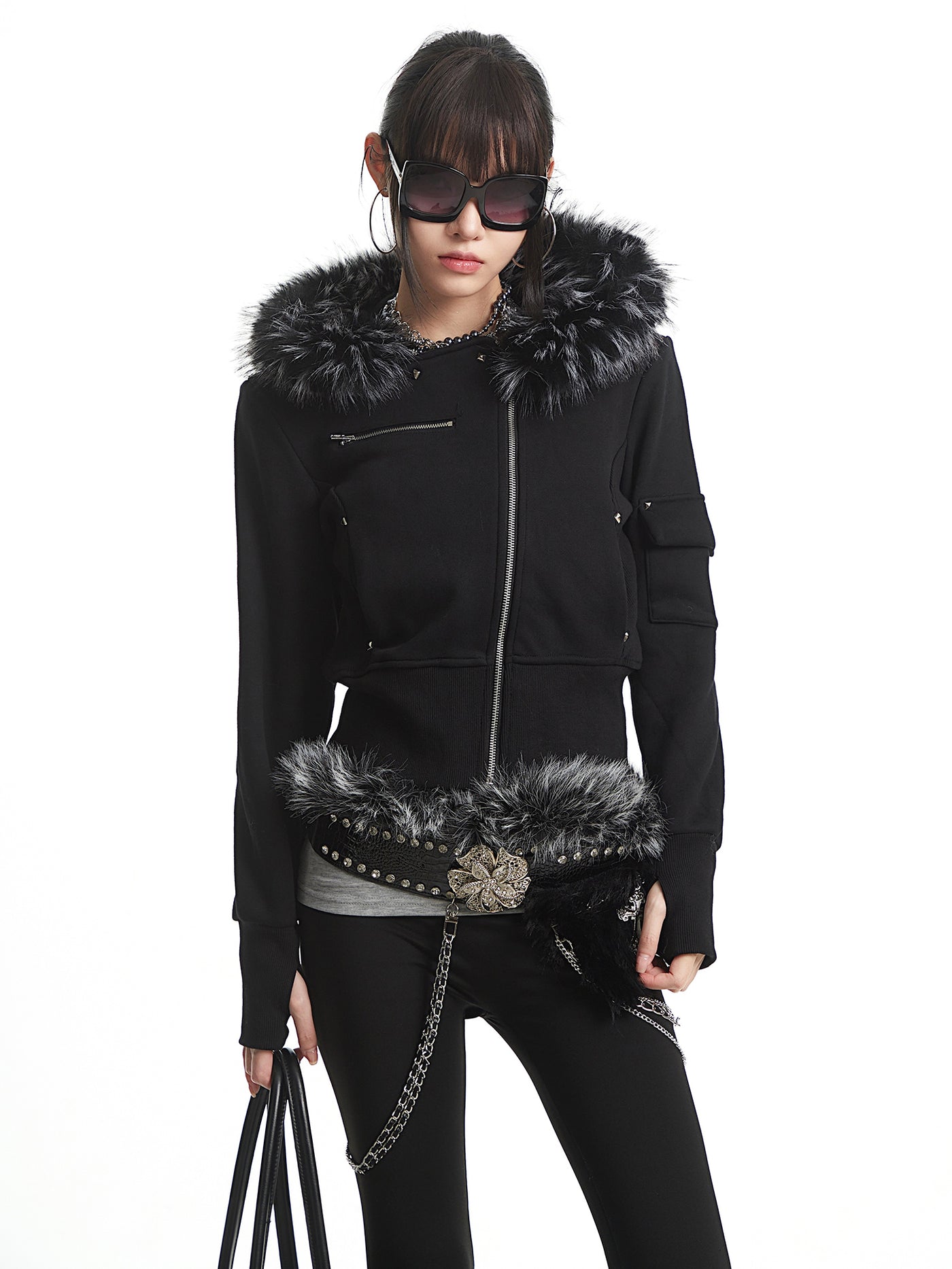 Black Fur-Collar Hooded Sweatshirt Short Jacket UNC0325