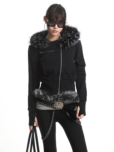 Black Fur-Collar Hooded Sweatshirt Short Jacket UNC0325
