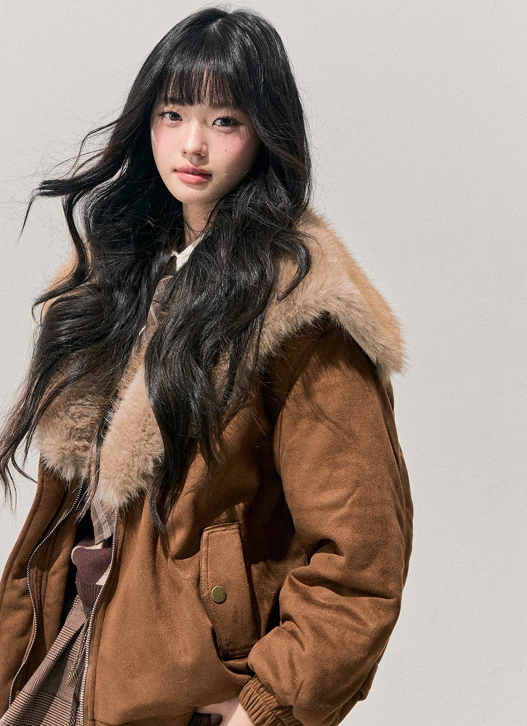 Brown Quilted Thick Detachable Fur Collar Jacket DIA0743