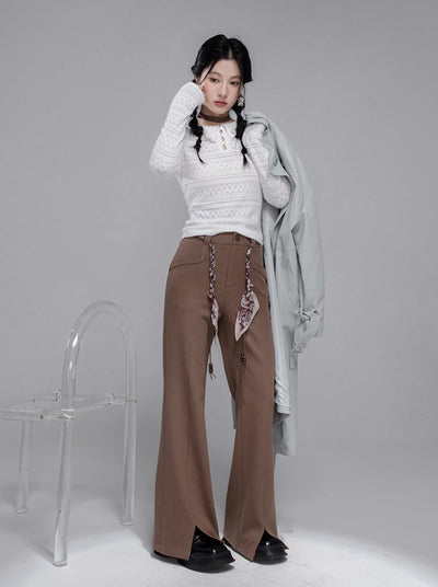Chestnut Brown Scarf Belt Flared Pants COT0360