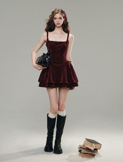 Burgundy Moment Red Velvet Retro Hepburn Style Waist Mini Dress GRO0066