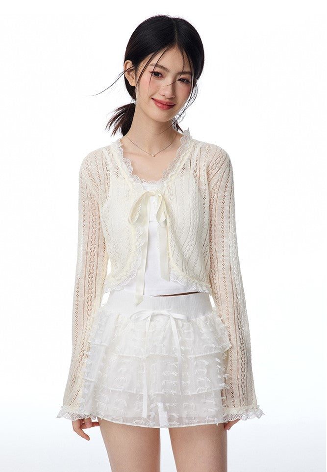 Hollow Light Bow Lace Knitted Cardigan/Camisole/Skirt NTO0102