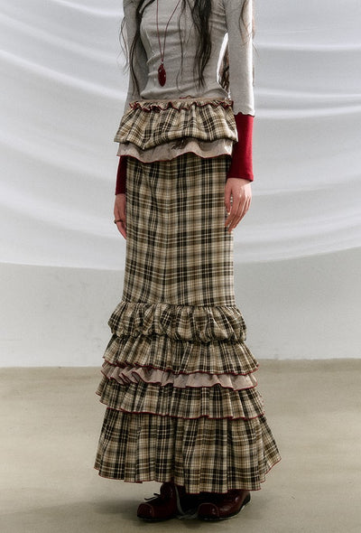 Adjustable Length Fishtail Multi-layer Umbrella Hem Plaid Skirt OFA0208