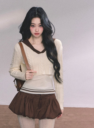 American Style Navy Collar Knitted Top+Vest DIA0616