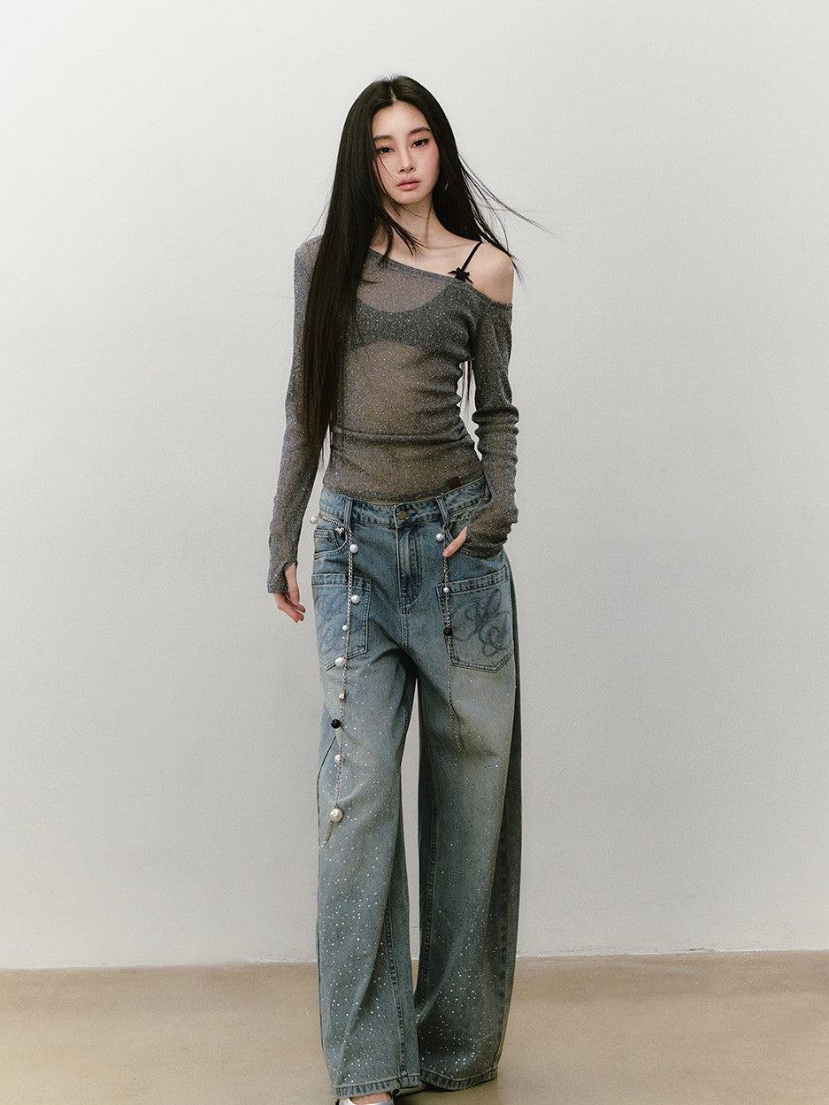 Diamond One Shoulder Long-sleeved T-shirt VIA0340