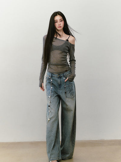 Diamond One Shoulder Long-sleeved T-shirt VIA0340