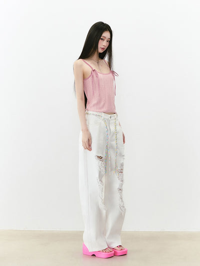 Large Hole Casual Rhinestone Jeans VIA0275