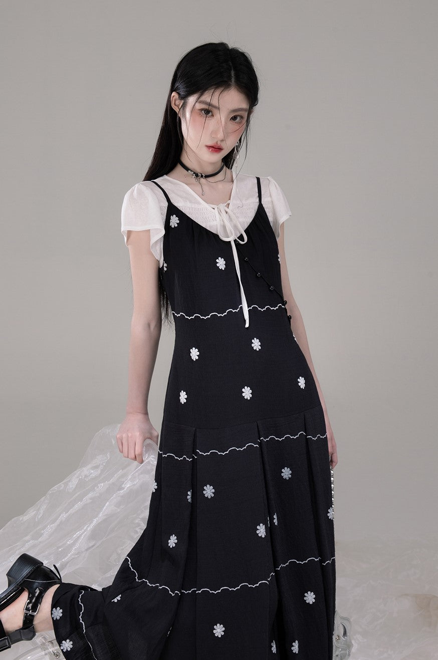 V-neck Shirt+Pleated Black Printed Dress COT0302