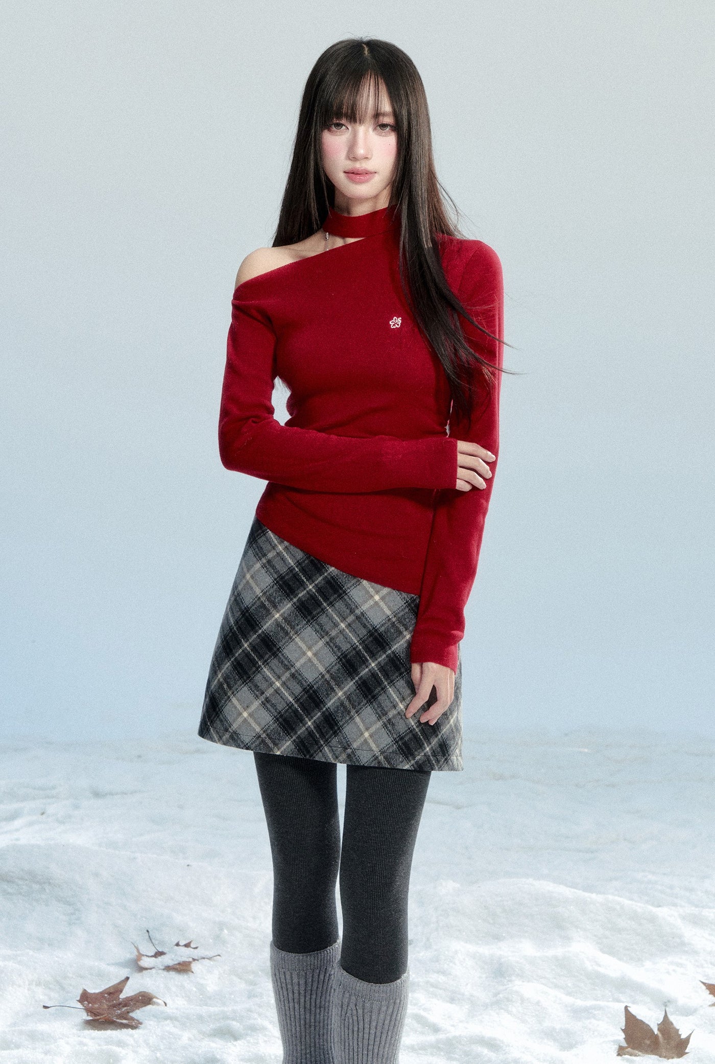 Red Off-shoulder Cotton Sweater FRA0489
