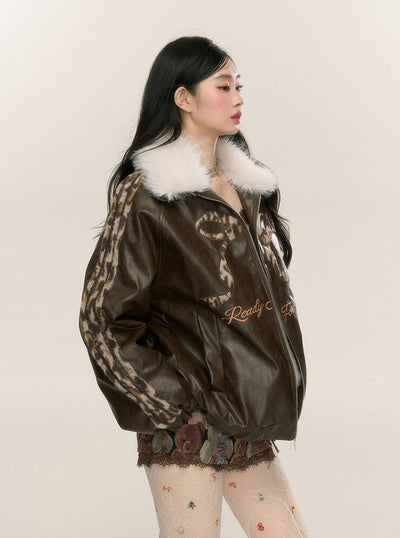 Fur Collar Loose Leopard Print Leather Jacket DIA0223