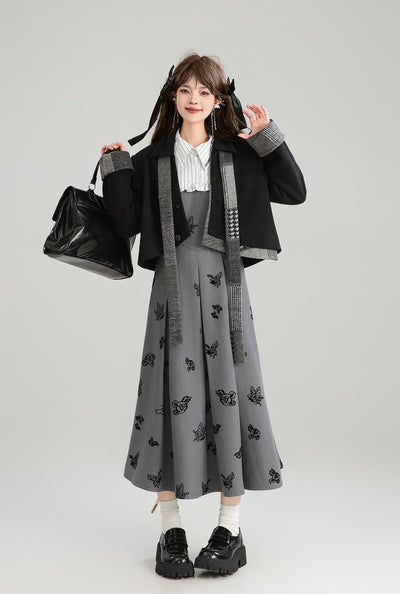 Bow Tie Short Jacket/Black Slit Long Skirt/Plaid Short Skirt KEI0184