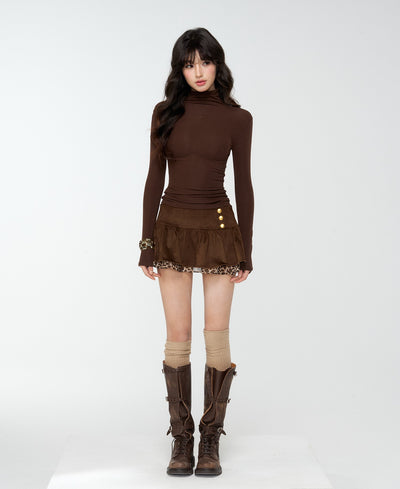 Suede Pleated Leopard Print Short Skirt 4MU0174