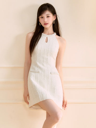 White Halter Neck Beaded Dress OSH0134