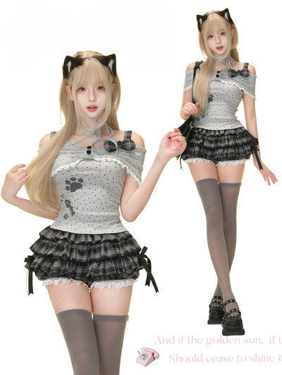 Meow Polka Dot Camisole/Plaid Cake Shorts SER0173
