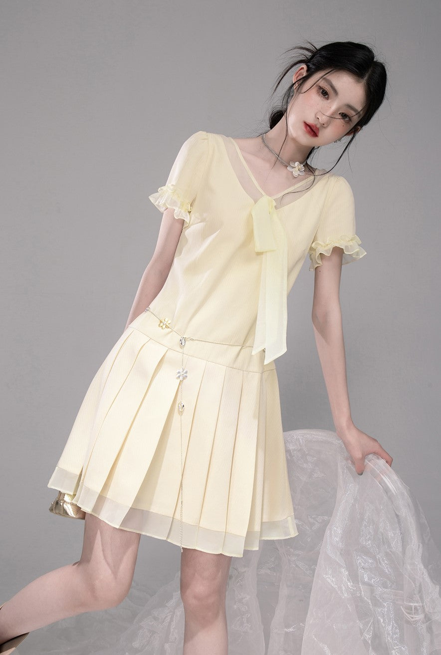 Honey Yellow Pleated Mesh Dress COT0321