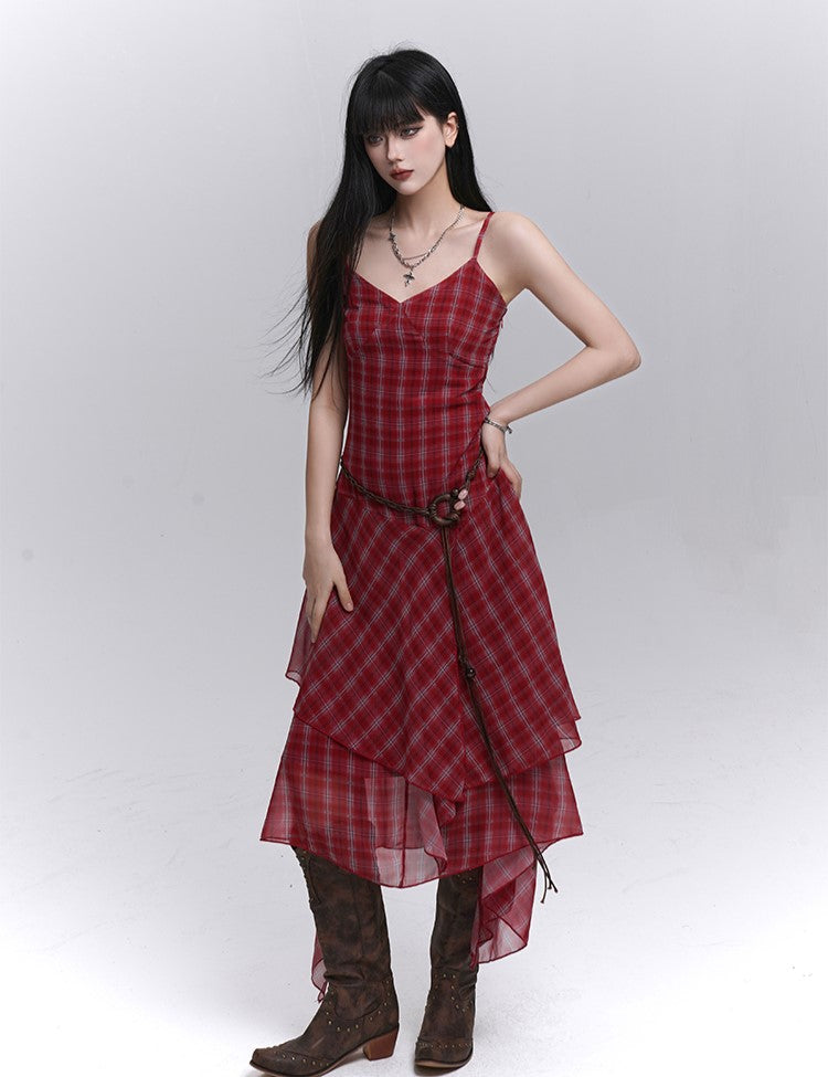 Irregular Hem Plaid Suspender Dress LAD0186