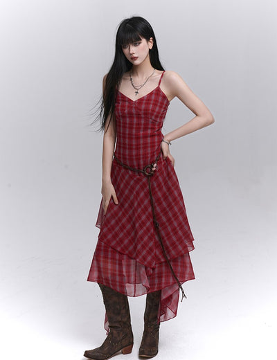Irregular Hem Plaid Suspender Dress LAD0186