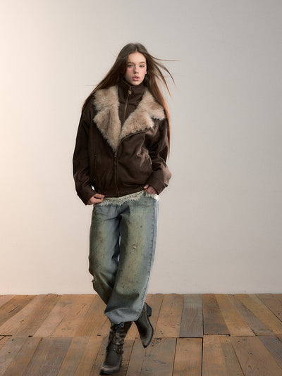 Loose-fitting Faux Two-Piece Fur Collar Jacket VIA0353
