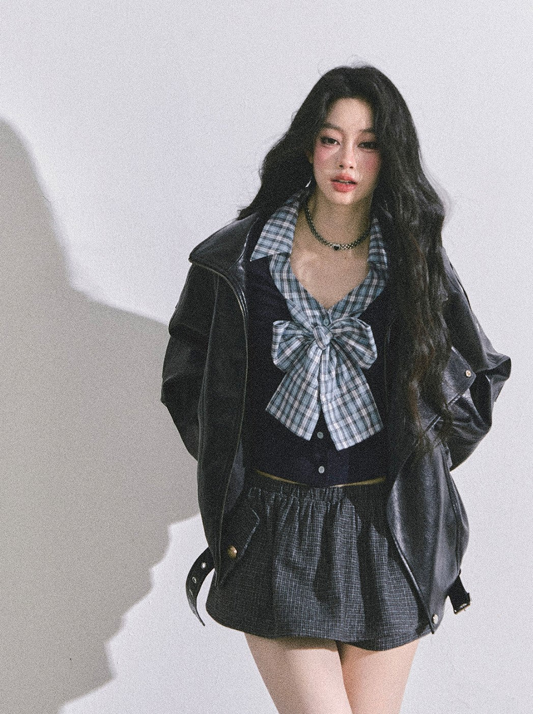 Fake Two-piece Bow Plaid Shirt DIA0599