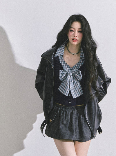 Fake Two-piece Bow Plaid Shirt DIA0599