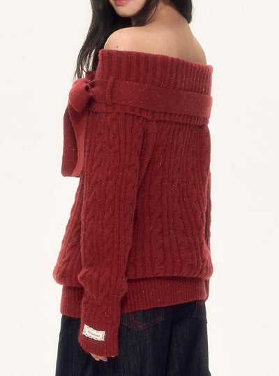 Red Off-Shoulder Bow Sweater WEE0088