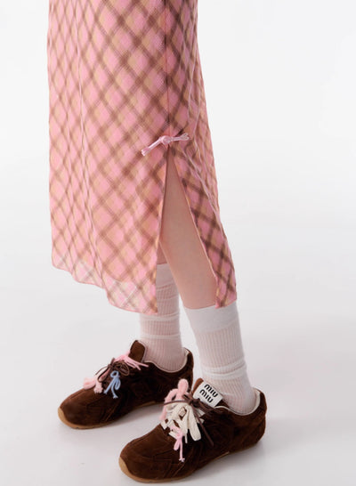 American Retro High Waist Pink And Brown Plaid Fishtail Mid-length Skirt ZIZ0106