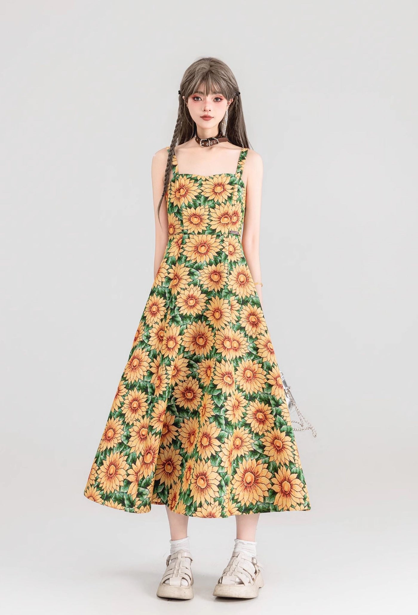 Sunflower Jacquard Floral Suspender Long Dress KEI0152