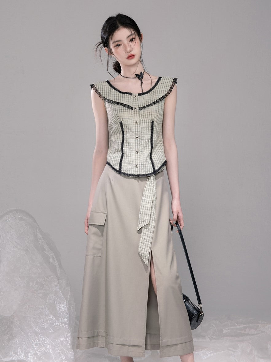 Blue Grey Slit Long Skirt COT0327