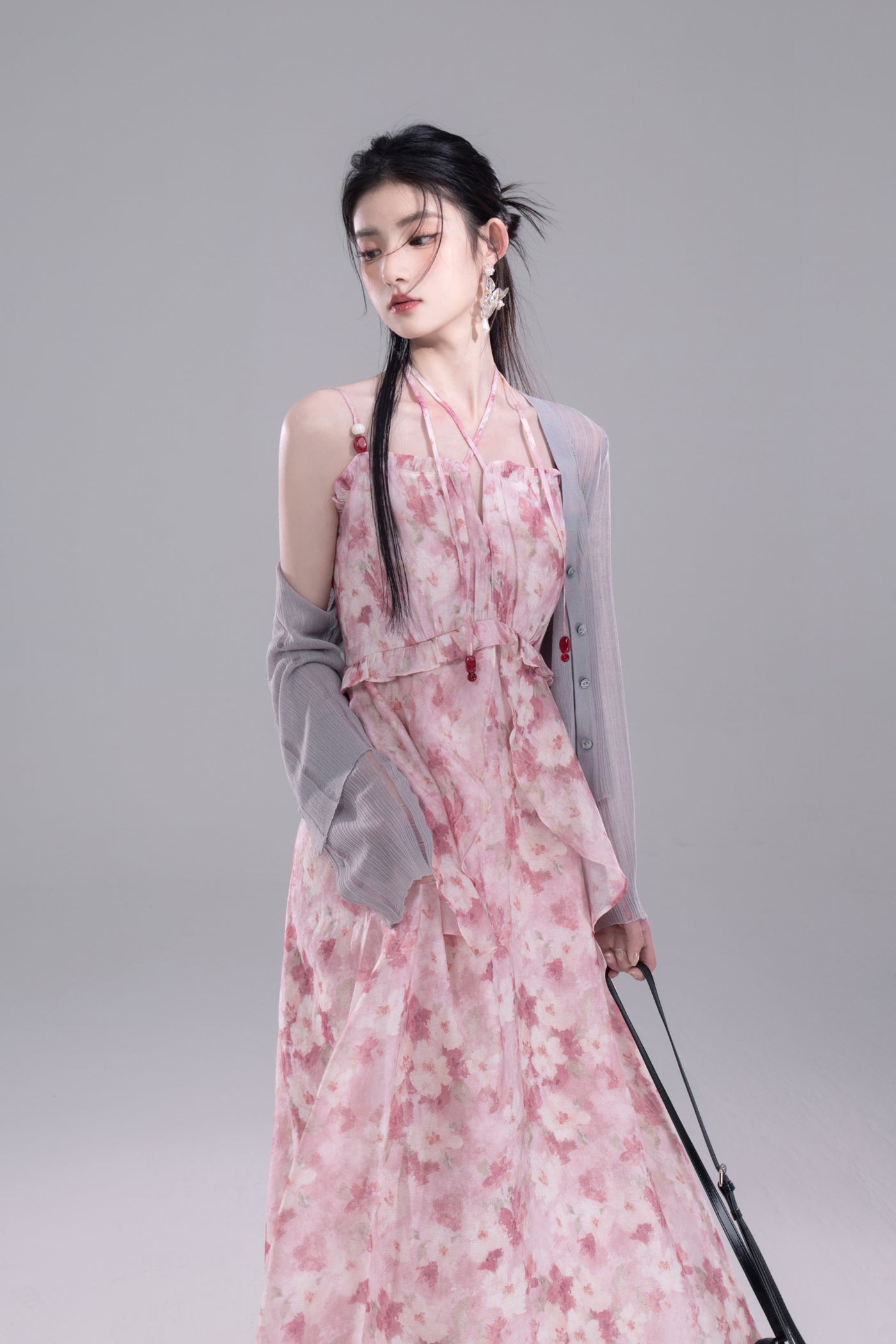 Beaded Floral Print Suspender Dress COT0273