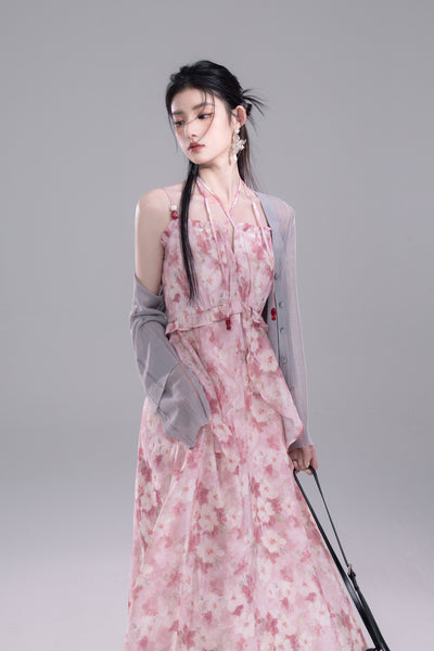 Beaded Floral Print Suspender Dress COT0273