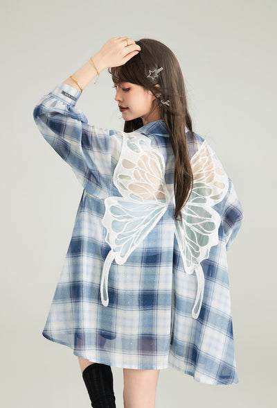 Butterfly Embroidered Plaid Long-sleeved Shirt KEI0128