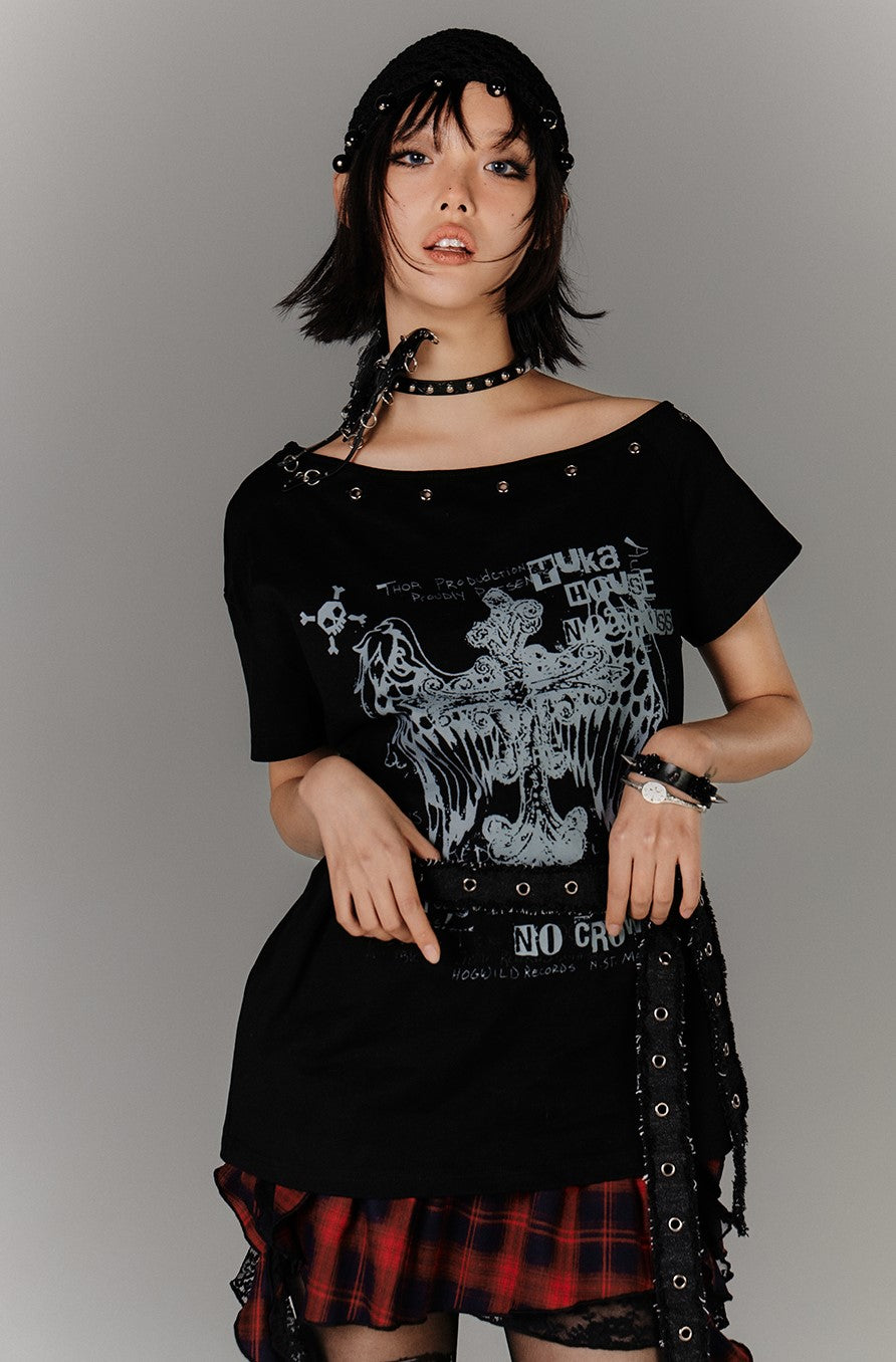 Belt Off-shoulder Subculture T-shirt KIN0135