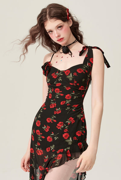 Black Amber Floral Ruffle Irregular Suspender Dress DIA0172