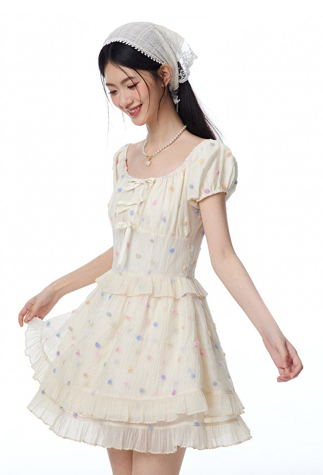 French Colorful Flower Embroidery Puff Sleeve Cake Dress NTO0100