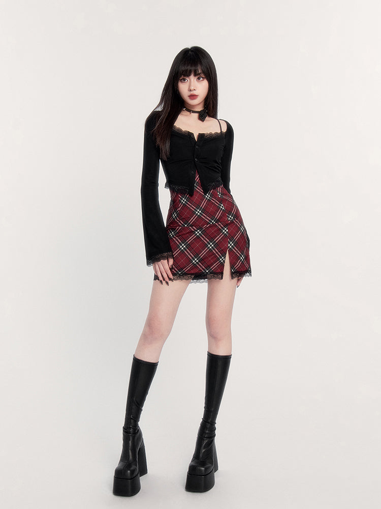 Red Plaid Split Lace Backless Suspender Short Dress VOC0225