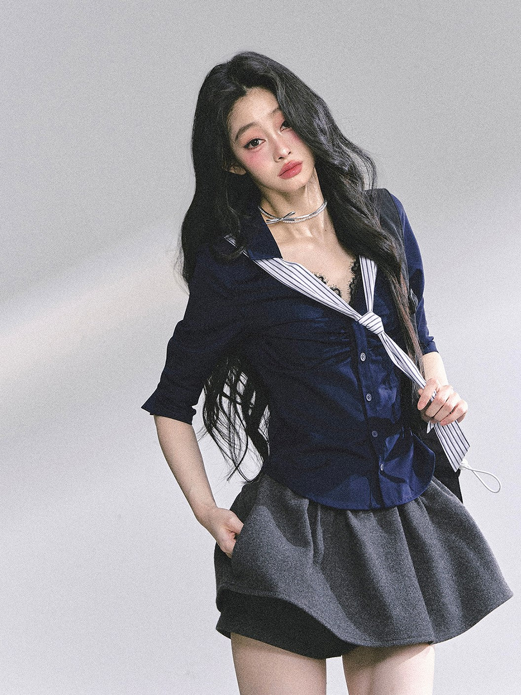 Lace Striped Slim Shirt DIA0572
