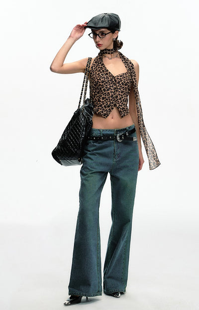 Leopard Print Metal Label Versatile Irregular Halter Neck Vest DPR0054