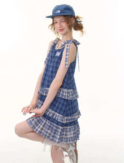 Retro Irregular Hem Blue Plaid Suspender Dress ZIZ0289