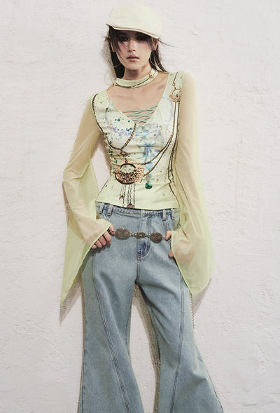 Pattern Printed Trumpet Sleeve Top OFA0286