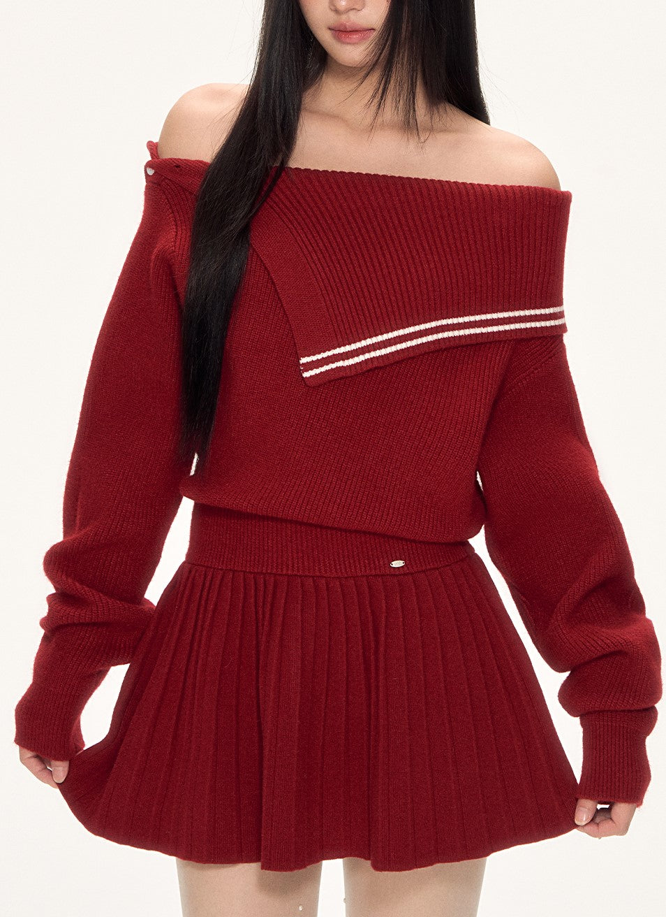 Irregular Navy Collar Off-shoulder Knit Dress WEE0095