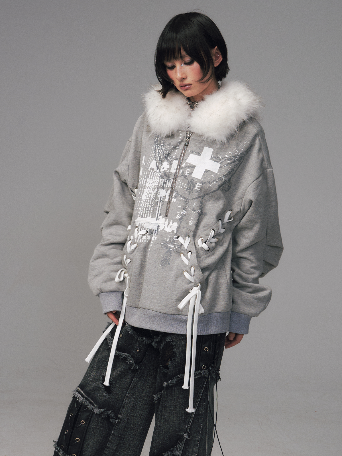 Print Half-Open Zipper Hooded Sweatshirt FRU0125