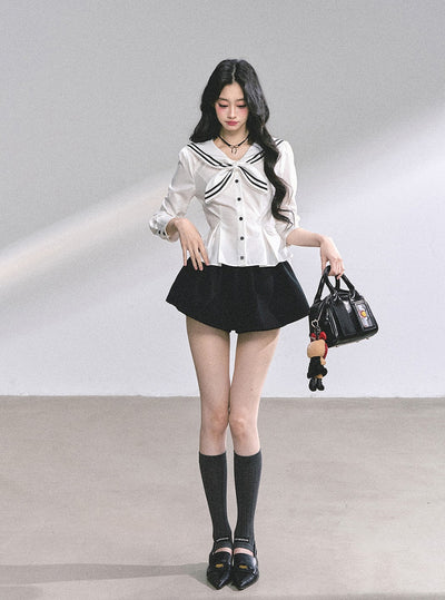 Lace Bow Navy Collar Shirt DIA0554