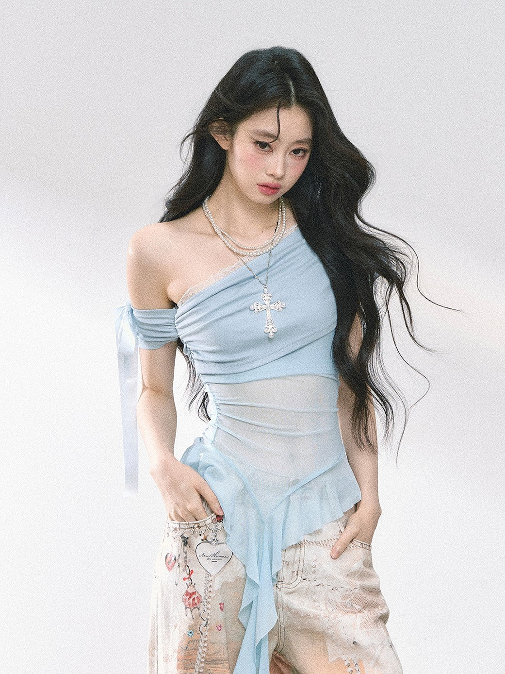 Oblique Shoulder Mesh T-shirt DIA0476