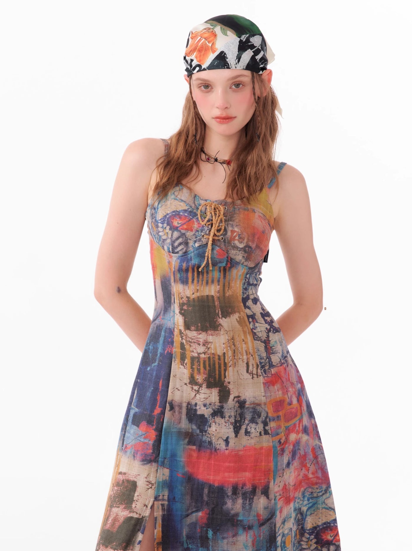 American Style Waist Irregular Graffiti Print Suspender Dress ZIZ0112