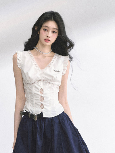V-neck Lace Small Flying Sleeve Shirt DIA0523